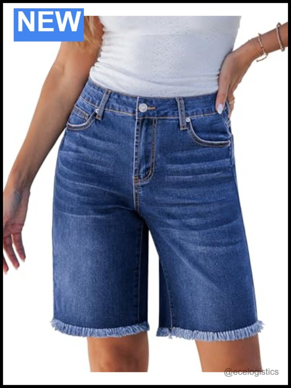 Women's Mid Rise Raw Hem Knee Length Stretchy Denim Bermuda Shorts